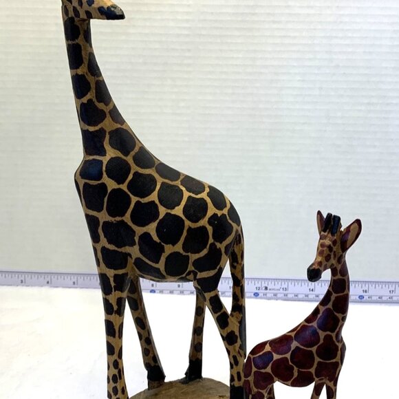 Hand Carved & Painted Wooden Giraffe Statues 12" Tall & 6” Tall Made in Kenya - Picture 5 of 8